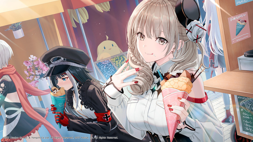 4girls :q admiral_graf_spee_(azur_lane) azur_lane banana bare_shoulders black_dress black_hair black_headwear blue_eyes braid breasts brown_eyes clothing_cutout day deutschland_(azur_lane) dress eating flower food food_stand fruit gold_trim hat hyuuga_azuri large_breasts light_brown_hair long_hair long_sleeves luetzow_(azur_lane) manjuu_(azur_lane) mechanical_hands mini_hat multicolored_hair multiple_girls nail_polish official_art outdoors peaked_cap pink_flower prinz_eugen_(azur_lane) red_hair red_nails red_scarf scarf short_dress short_hair shoulder_cutout side_braid standing streaked_hair tongue tongue_out white_hair