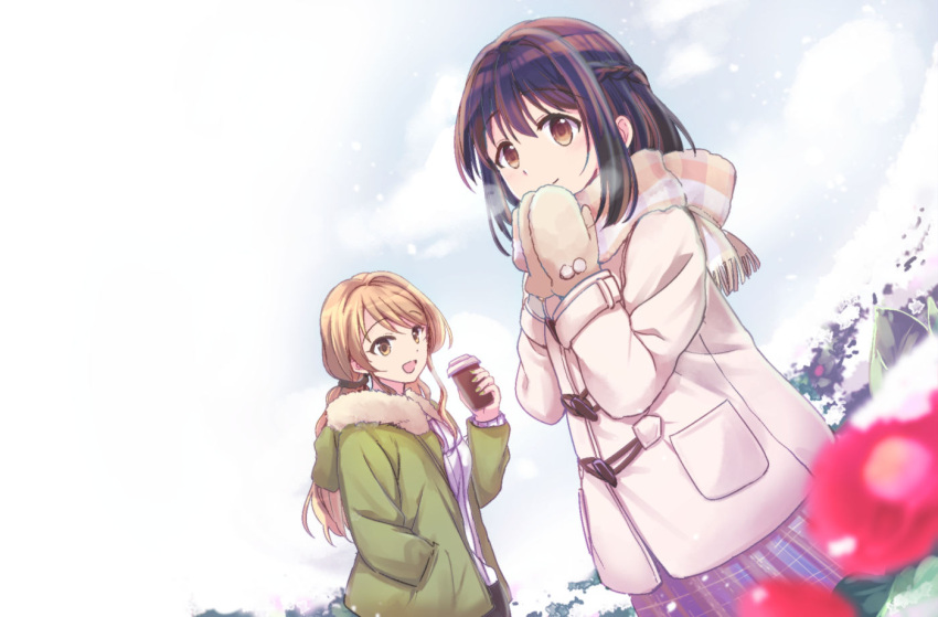 2girls blonde_hair blurry blurry_foreground braid brown_coat brown_eyes brown_hair bush closed_mouth cloud cloudy_sky coat cup disposable_cup duffel_coat dutch_angle fur-trimmed_jacket fur_trim green_jacket green_nails hand_in_pocket haruna_hisui holding holding_cup hood hooded_jacket jacket kanchuumimai long_hair long_sleeves mittens multiple_girls open_clothes open_jacket open_mouth original outdoors own_hands_together plaid plaid_scarf plaid_skirt pleated_skirt ponytail scarf skirt sky smile snow snowing swept_bangs upper_body winter