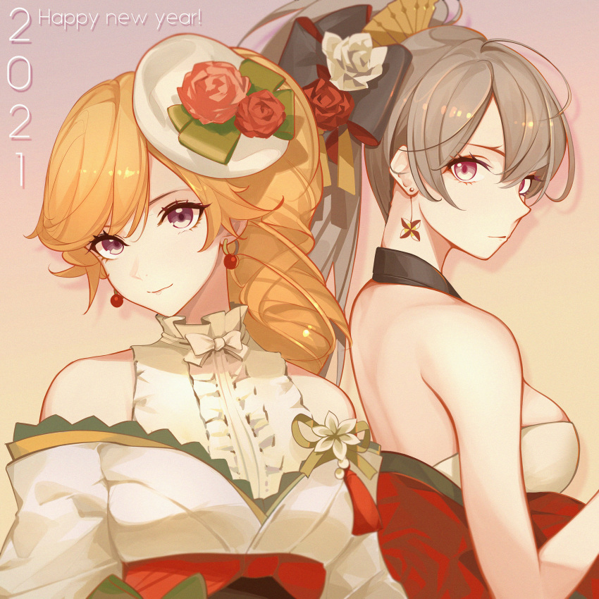 2021 2girls absurdres azur_lane bare_back bare_shoulders bow breasts center_frills cleavage colored_pencil_(medium) drill_hair drill_ponytail earrings flower frilled_kimono frills hair_flower hair_ornament hairbow halterneck happy_new_year hat high_ponytail highres japanese_clothes jean_bart_(azur_lane) jean_bart_(first_snow_upon_the_cutlass's_edge)_(azur_lane) jewelry kimono kimono_dress korean_commentary light_brown_hair long_hair looking_at_viewer marker_(medium) medium_breasts millipen_(medium) mini_hat multiple_girls new_year off_shoulder official_alternate_costume open_clothes open_kimono orange_hair purple_eyes rabe26k red_eyes red_flower red_sash richelieu_(azur_lane) richelieu_(evergreen_prophecy)_(azur_lane) sarashi sash shoulder_blades side_drill tilted_headwear traditional_media upper_body white_flower white_kimono