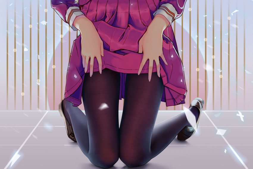 black_legwear chinese_commentary clothes_lift female highres kneeling knees_together_feet_apart lifting_own_clothes lower_body md5_mismatch pantyhose photoshop_(medium) pink_skirt qizhu shoes skirt skirt_lift tile_floor tiles uniform