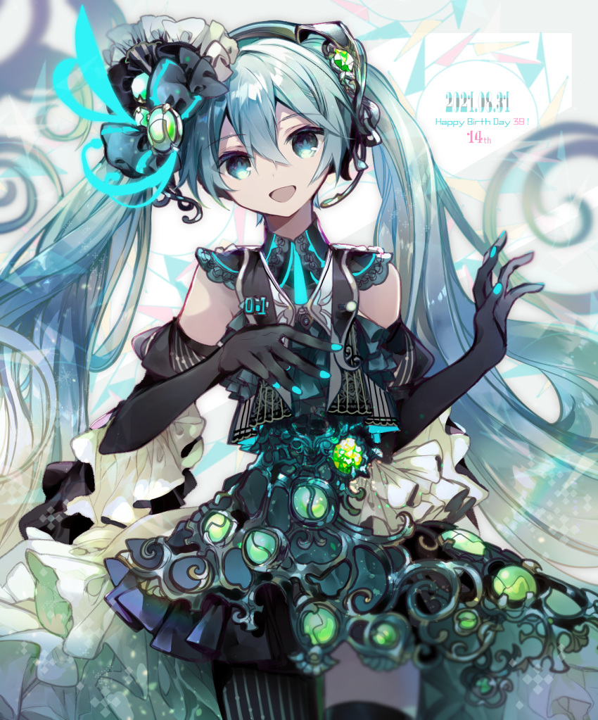 :d black_gloves black_thighhighs blue_eyes blue_hair blue_nails commentary cowboy_shot cyawa dot_nose elbow_gloves female fingernails gloves glowing_nails gradient_hair green_skirt hair_between_eyes hair_ornament hands_up happy_birthday hatsune_miku headphones headset highres long_hair looking_at_viewer microphone multicolored_hair nails_visible_through_gloves open_mouth skirt smile solo standing thighhighs twintails very_long_hair vocaloid