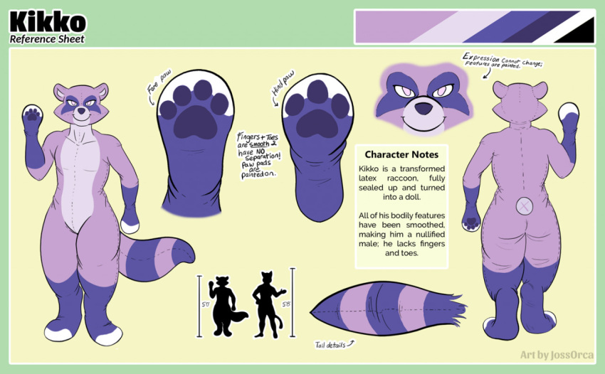 animate_inanimate anthro color_swatch english_text featureless_crotch kikko latex living_latex male mammal mitten_hands model_sheet null null_bulge objectification procyonid raccoon solo standing teeka.the.orca text thumbless