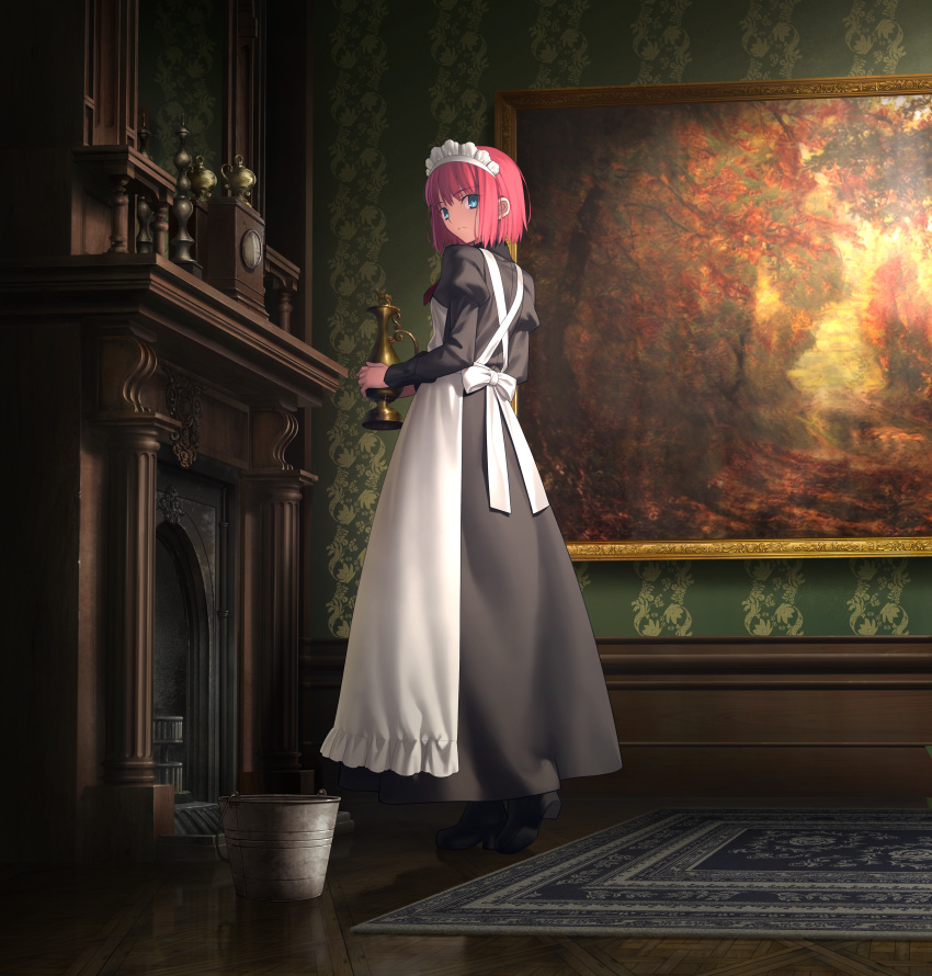 absurdres apron black_dress black_footwear blue_eyes bob_cut boots bow bucket carpet clock closed_mouth contrapposto dress expressionless female fireplace frilled_apron frills from_behind frown full_body game_cg high_heels highres hisui_(tsukihime) holding_vase indoors juliet_sleeves long_dress long_sleeves looking_at_viewer looking_back maid maid_apron maid_headdress official_art painting_(object) parquet_floor pink_hair puffy_sleeves reflection reflective_floor shadow short_hair sidelocks solo standing takeuchi_takashi tsukihime tsukihime_(remake) vase white_apron white_bow wooden_floor