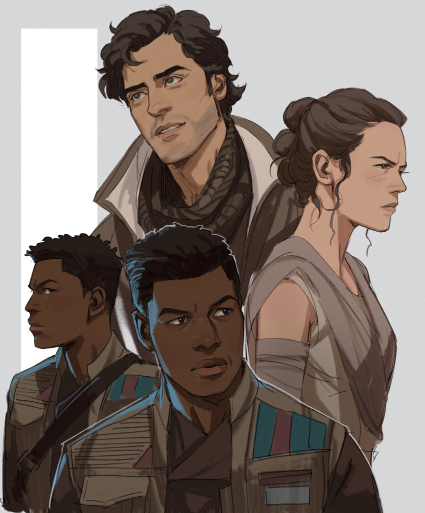 2boys absurdres animification bandaged_arm bandages black_eyes black_hair brown_eyes brown_hair brown_jacket brown_shirt closed_mouth commentary dark-skinned_male dark_skin english_commentary female finn_(star_wars) grey_background hair_bun highres jacket lips looking_to_the_side multiple_boys multiple_views open_clothes open_jacket parted_lips poe_dameron rey_(star_wars) serious shirt short_hair single_hair_bun smile star_wars star_wars:_the_force_awakens teeth thisuserisalive tunic two-tone_background upper_body white_background