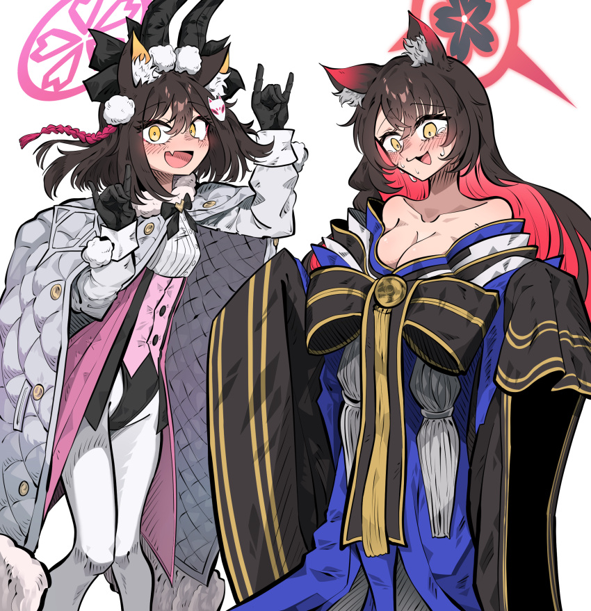 2girls :3 :d absurdres alternate_costume animal_ear_fluff animal_ears black_hair blue_archive breasts cape cleavage collarbone colored_inner_hair commentary_request commission cosplay double_fox_shadow_puppet eyeshadow fate/grand_order fate_(series) fox_ears fox_girl fox_hair_ornament fox_shadow_puppet fox_tail hair_between_eyes hair_ornament halo highres izuna_(blue_archive) knees_together_feet_apart koyanskaya_(fate) koyanskaya_(fate)_(cosplay) layer_(layer_illust) long_hair long_sleeves looking_at_viewer makeup medium_hair multicolored_hair multiple_girls nervous_sweating oerba_yun_fang one_side_up pants pink_halo pom_pom_(clothes) pom_pom_hair_ornament red_eyeshadow rope saitou_chiwa shimenawa sidelocks simple_background skin_fang smile strapless_kimono sweat tail tamamo_(fate) tamamo_no_mae_(fate/extra) tamamo_no_mae_(fate/extra)_(cosplay) tamamo_no_mae_(third_ascension)_(fate) tamamo_no_mae_(third_ascension)_(fate)_(cosplay) trait_connection two-tone_hair voice_actor_connection wakamo_(blue_archive) white_background white_cape white_pants wide_sleeves yellow_eyes