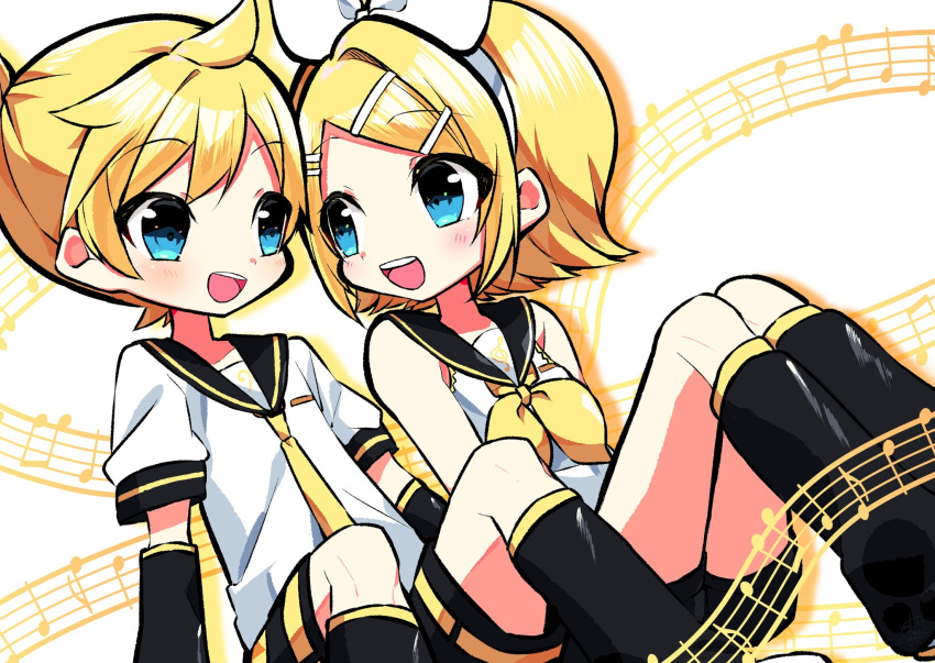 1boy bare_shoulders beamed_eighth_notes black_sailor_collar black_shorts black_sleeves blonde_hair blue_eyes bow commentary detached_sleeves eighth_note feet_out_of_frame female hair_ornament hairbow hairclip highres kagamine_len kagamine_rin kasaki_sakura knees_up leg_warmers looking_at_another musical_note musical_note_background neckerchief necktie open_mouth quarter_note sailor_collar school_uniform shirt short_hair short_ponytail short_shorts short_sleeves shorts side-by-side sitting smile spiked_hair staff_(music) swept_bangs vocaloid white_background white_bow white_shirt yellow_neckerchief yellow_necktie