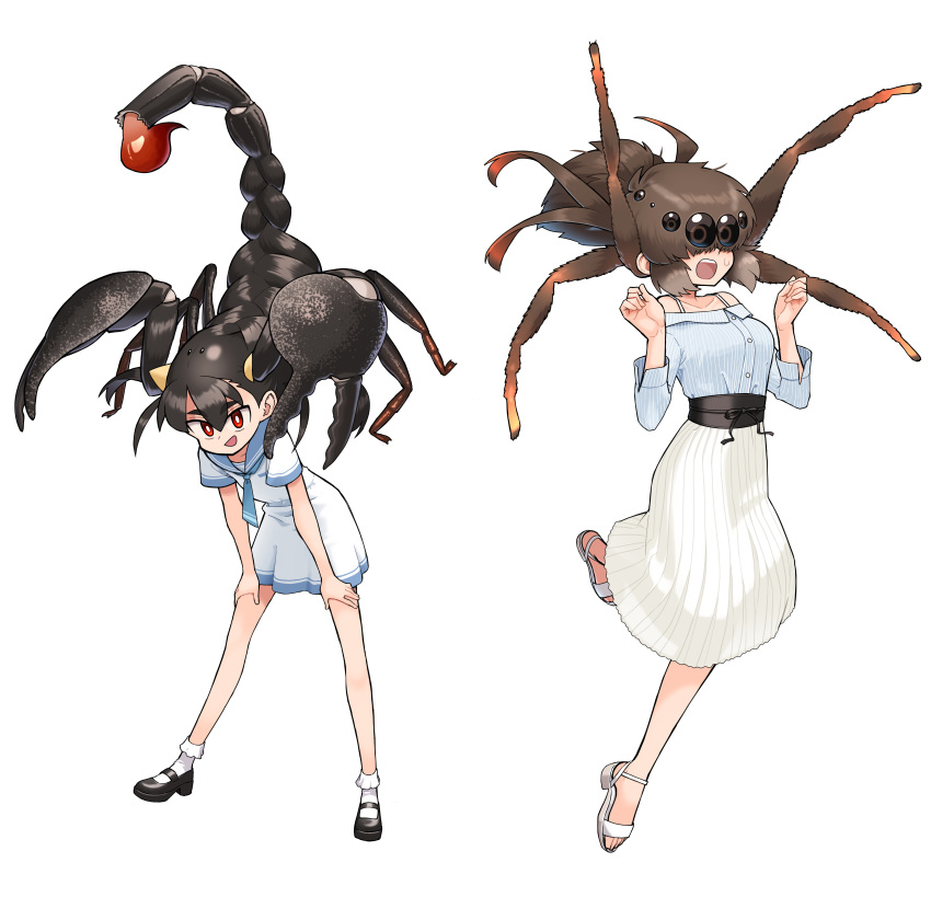 2girls absurdres arthropod_girl black_hair brown_hair bug dress evolvingmonkey full_body highres long_skirt multiple_girls original pincers red_eyes sailor_collar sailor_dress sandals scorpion scorpion_girl scorpion_tsuchida skirt spider spider_girl spider_itou stinger white_background