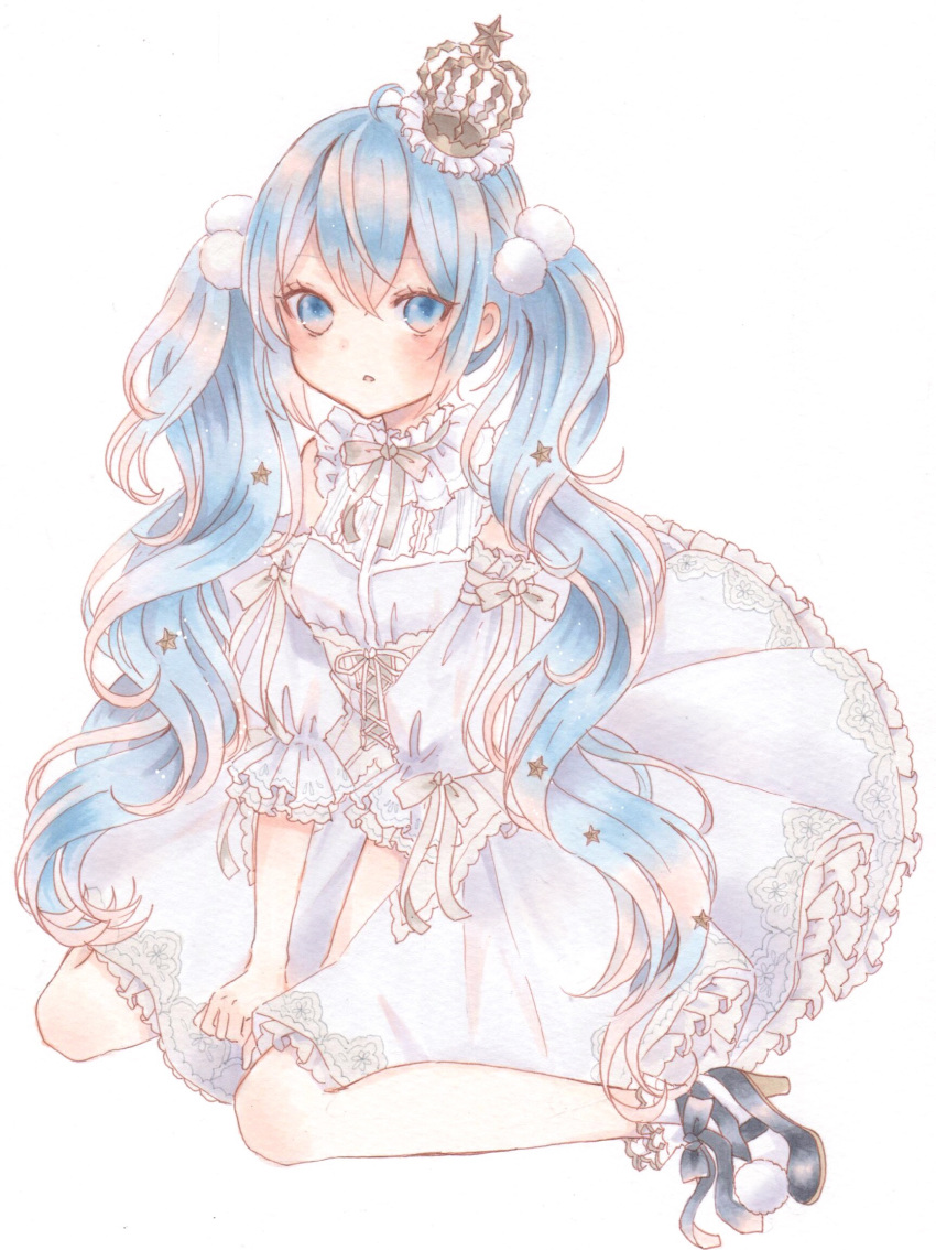 :o ahoge blue_eyes blue_hair commentary_request corset crown dress female frilled_crown frilled_dress frilled_sleeves frilled_socks frills hair_ornament hatsune_miku highres long_hair looking_at_viewer marker_(medium) open_mouth partial_commentary paruno pom_pom_(clothes) ribbon shoes socks solo star_(symbol) star_hair_ornament traditional_media twintails v_arms vocaloid white_background white_corset white_dress white_ribbon