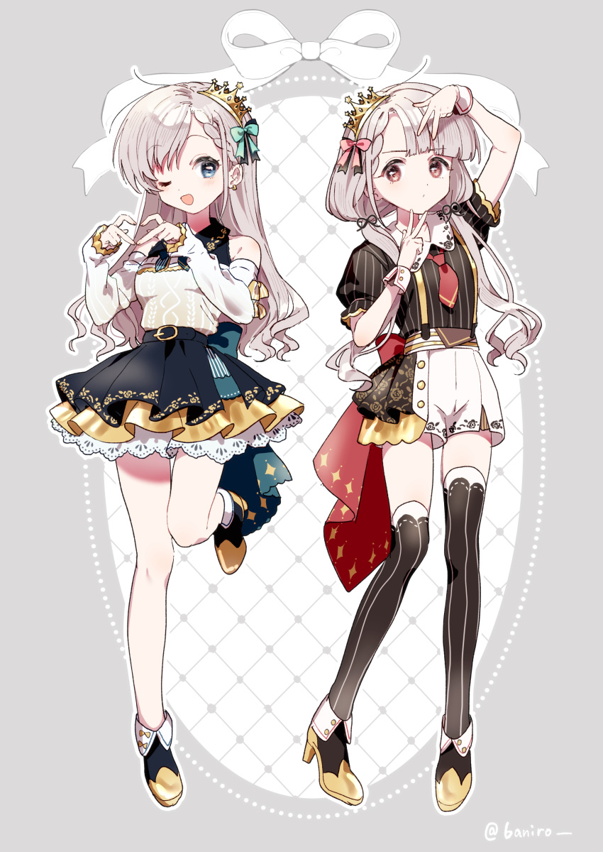 2girls absurdres aqua_eyes asymmetrical_bangs asymmetrical_legwear back_bow bad_id bad_pixiv_id banirou black_footwear black_shirt black_skirt bow braid braided_bangs brown_eyes closed_mouth collared_shirt commentary_request double_v floral_print frilled_sleeves frills frown full_body green_bow grey_background grey_hair heart heart_hands highres hisakawa_hayate hisakawa_nagi idol idolmaster idolmaster_cinderella_girls layered_skirt leg_up long_hair long_sleeves looking_at_viewer multiple_girls necktie off-shoulder_shirt off_shoulder one_eye_closed open_mouth pose puffy_short_sleeves puffy_sleeves red_bow red_necktie rose_print shirt shoes short_shorts short_sleeves shorts siblings side-by-side sisters skirt smile standing standing_on_one_leg striped_clothes striped_shirt suspender_shorts suspenders thighhighs tiara tilted_headwear twins twitter_username uneven_legwear v vertical-striped_clothes vertical-striped_shirt white_shirt white_shorts yellow_headwear yellow_skirt