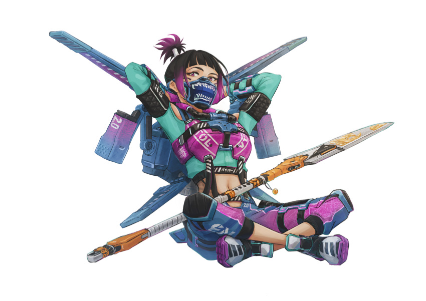 absurdres animification apex_legends aqua_jacket black_hair clothing_cutout cropped_jacket female fluorescent_tech_valkyrie gradient_hair grey_footwear hair_behind_ear highres jacket jetpack looking_at_viewer midriff multicolored_hair navel official_alternate_costume polearm purple_eyes purple_hair shoes shoulder_cutout sneakers solo spear suzaku_(apex_legends) valkyrie_(apex_legends) weapon yaco_(085)