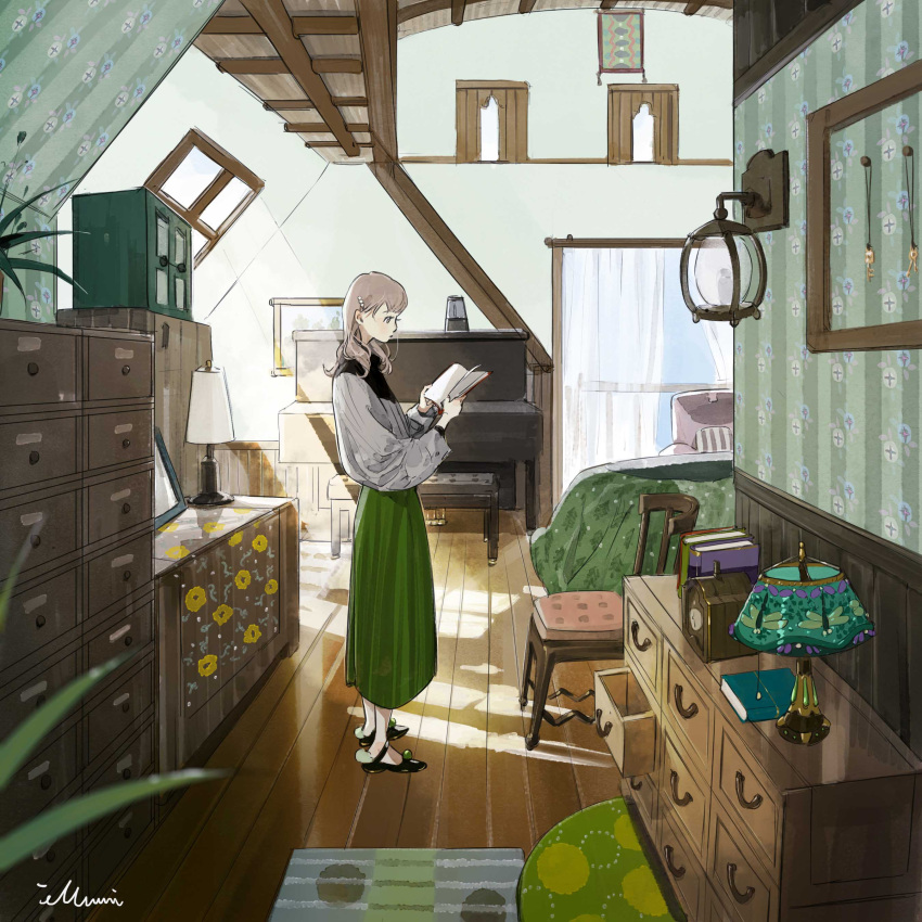 absurdres artist_name bed blanket blonde_hair blue_eyes book bookshelf carpet ceiling chair clock closet drawing_(object) female green_skirt hair_ornament hairclip highres holding holding_book illumi999 indoors instrument key lamp light_blush medium_hair open_drawer original painting_(object) pale_skin piano pillow plant reading room signature skirt solo standing sunlight upright_piano window wooden_chair wooden_floor