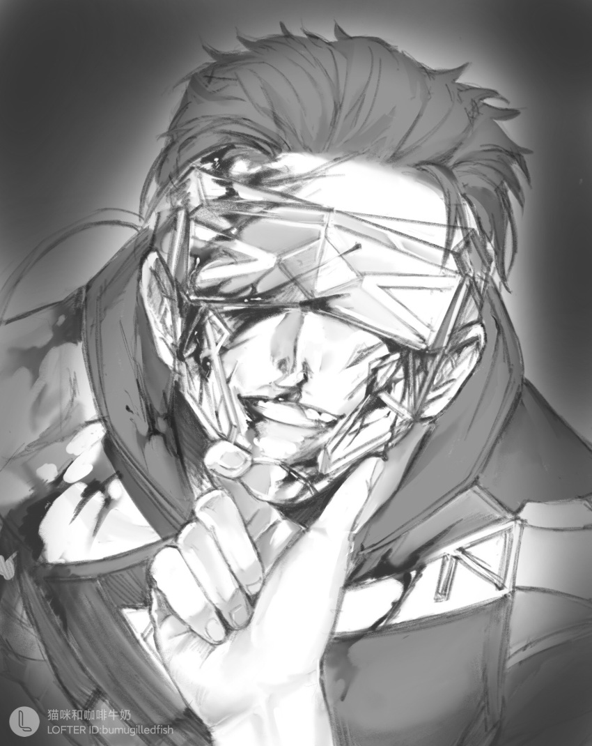 1boy 1other animification apex_legends blood blood_on_arm blood_on_face broken_mask duoqing_hanzhe fast_fashion_octane goggles greyscale hair_behind_ear hair_slicked_back hand_on_another's_chin head-mounted_display highres jacket lofter_logo lofter_username looking_at_viewer male_focus mask monochrome octane_(apex_legends) official_alternate_costume pov smile solo_focus watermark