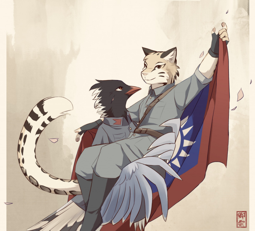 2022 anthro army asian_clothing auspicious-cloud avian bird bridal_carry carrying_another carrying_partner chinese chinese_clothing clothing clouded_leopard corvid digital_media_(artwork) duo east_asian_clothing felid female kuomintang magpie_(corvid) male male/female mammal military oriental_magpie oscine pantherine passerine soldier song_yuehan uniform warrior world_war_1 world_war_2 xu_jingyuan