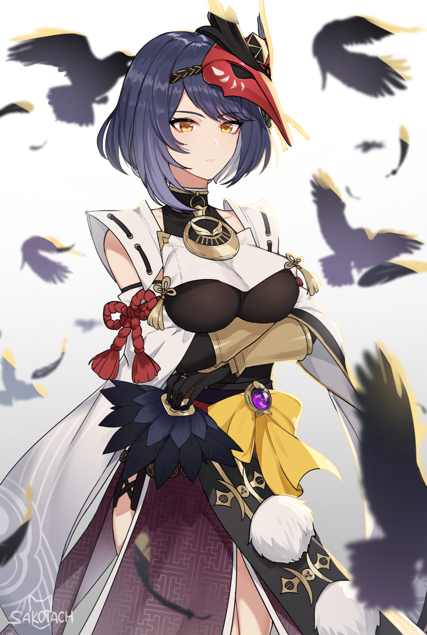 absurdres arms_under_breasts bird bird_mask black_hair bracelet breasts closed_mouth crossed_arms crow falling_feathers feathers female genshin_impact highres japanese_clothes jewelry kujou_sara large_breasts mask mask_on_head md5_mismatch sakotach short_hair solo tassel vision_(genshin_impact) white_background yellow_eyes