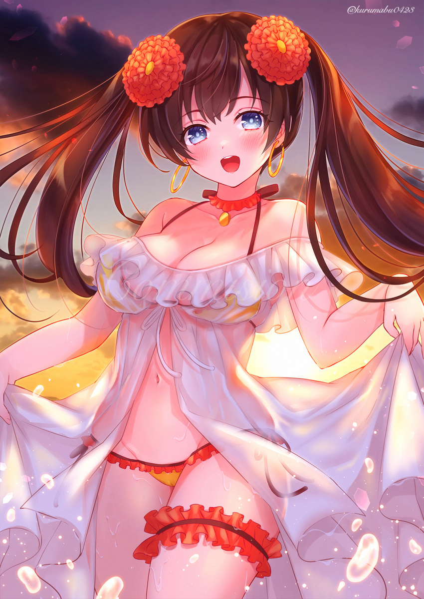 bare_shoulders blue_eyes breasts brown_hair choker cleavage collarbone cowboy_shot earrings evening fate/grand_order fate_(series) female flower frilled_choker frills gold groin hair_flower hair_ornament highres hoop_earrings jewelry long_hair looking_at_viewer mata_hari_(fate) medium_breasts navel open_mouth pendant pendant_choker pika_mouse see-through sky smile swimsuit swimsuit_cover-up thigh_strap twintails water_drop