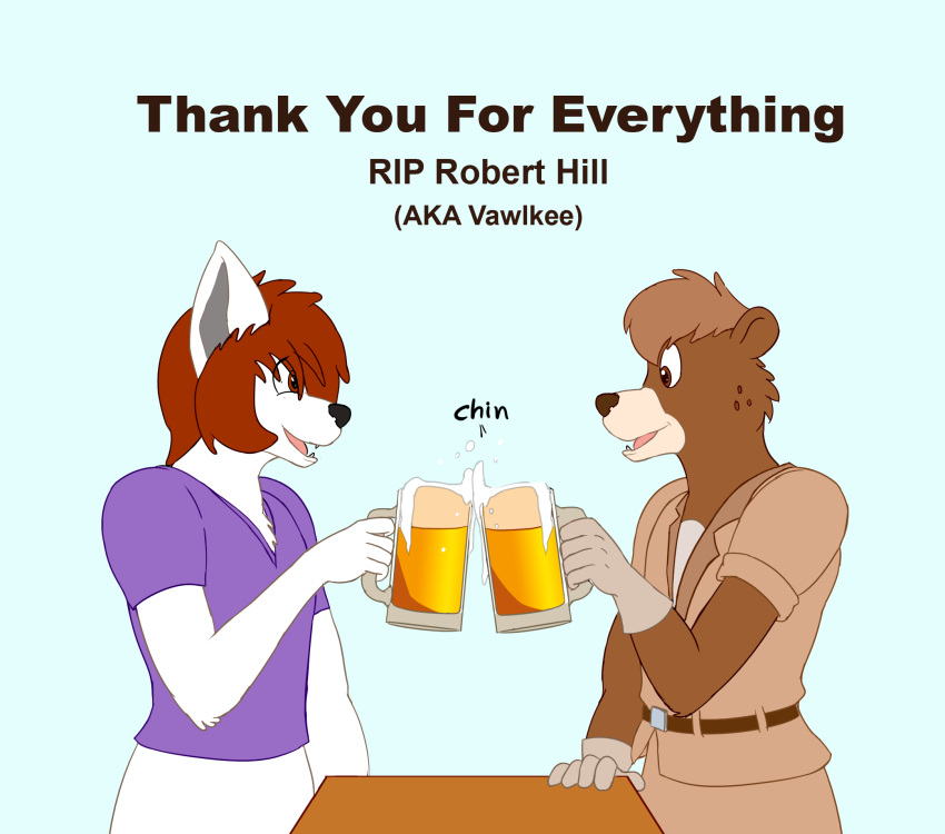 2018 alcohol bear beer beverage brown_body brown_eyes brown_fur brown_hair clothing colored digital_media_(artwork) duo english_text fur furniture fuyu_graycen gloves hair handwear hi_res hybrid in_memoriam male male/male mammal purple_clothing purple_shirt purple_topwear robert_bear shadow2007x shirt simple_background table text topwear tribute white_body white_fur