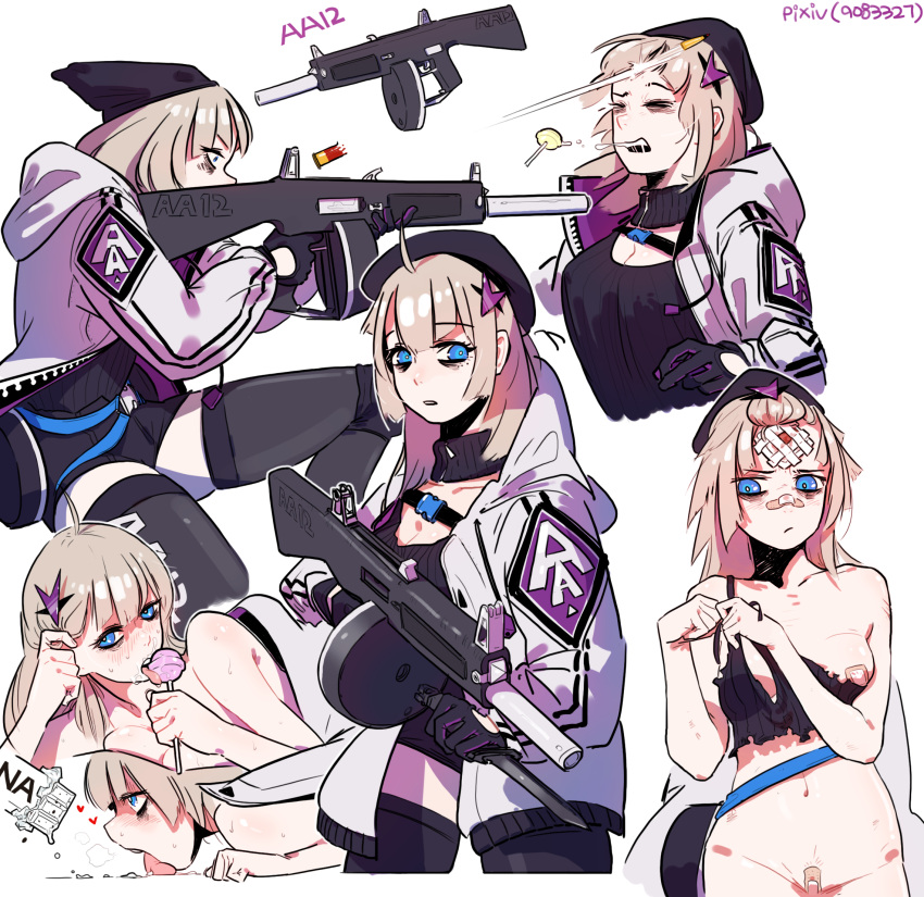 aa-12 aa-12_(girls'_frontline) ahoge aiming bags_under_eyes bandaid bandaid_on_face bandaid_on_forehead bandaid_on_pussy bandaids_on_nipples bangs_pinned_back black_legwear blonde_hair blood blue_eyes breasts bruise buckle candy chocolate chocolate_bar cleavage cleavage_cutout closed_eyes closed_mouth clothing_cutout female food girls'_frontline grey_jacket gun highres holding holding_candy holding_food holding_gun holding_lollipop holding_weapon hood hood_down hooded_jacket huqu injury jacket licking licking_floor lollipop long_sleeves looking_at_viewer medium_breasts multiple_views open_clothes open_jacket parted_lips pasties pixiv_id shotgun snap-fit_buckle standing thighhighs torn_clothes weapon white_background