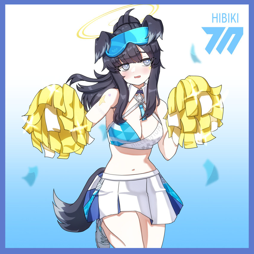 absurdres animal_ears black_hair blue_archive blush breasts cheerleader cleavage commentary dog_ears dog_girl dog_tail eyewear_on_head female grey_eyes halo hibiki_(blue_archive) hibiki_(cheer_squad)_(blue_archive) highres jonasmk medium_breasts midriff millennium_cheerleader_outfit_(blue_archive) navel official_alternate_costume pleated_skirt pom_pom_(cheerleading) ponytail skirt solo star_(symbol) sticker_on_face tail yellow_halo