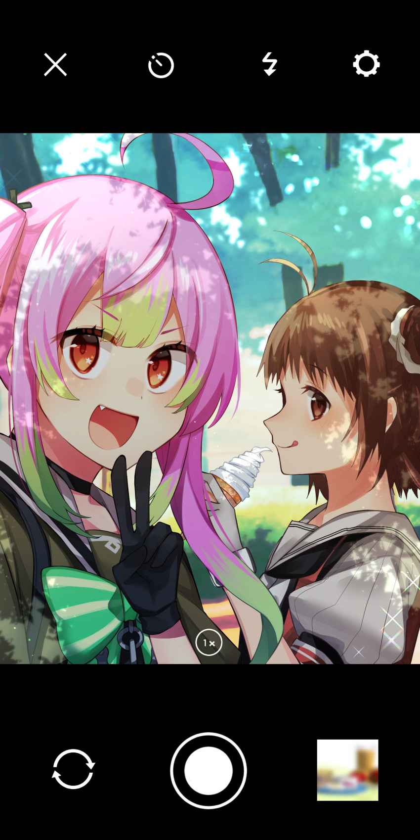 2girls absurdres ahoge antenna_hair black_gloves bow brown_eyes brown_hair closed_mouth double_bun eating food gloves gradient_hair green_bow green_hair hair_between_eyes hair_bun highres ice_cream kantai_collection katsuobushi_(eba_games) long_hair momo_(kancolle) multicolored_hair multiple_girls naka_(kancolle) naka_kai_ni_(kancolle) oerba_yun_fang open_mouth pink_hair red_eyes school_uniform selfie serafuku short_sleeves sidelocks tongue tongue_out twintails victory_pose