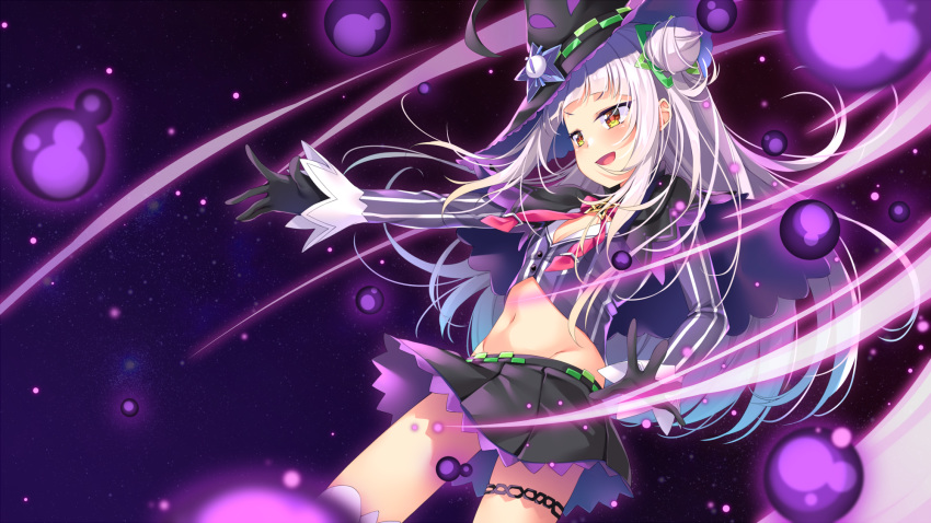 :d black_gloves black_skirt blunt_bangs chiyonekoko commentary crop_top cropped_shirt female gloves grey_hair groin hair_bun hat hat_ornament highres hololive long_hair long_sleeves midriff miniskirt murasaki_shion murasaki_shion_(1st_costume) navel neck_ribbon open_mouth orb pinstripe_pattern pinstripe_shirt red_ribbon ribbon shirt single_side_bun skirt smile solo star_(symbol) star_hat_ornament stomach striped_clothes striped_shirt thigh_strap v-shaped_eyebrows vertical-striped_clothes vertical-striped_shirt virtual_youtuber witch_hat yellow_eyes