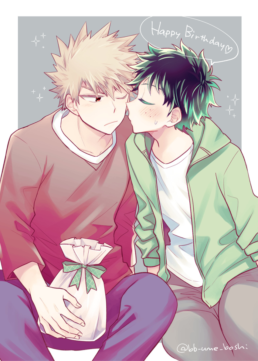 2boys bakugou_katsuki blonde_hair blush boku_no_hero_academia closed_eyes freckles gift gift_bag green_hair green_jacket grey_background happy_birthday highres holding holding_gift imminent_kiss jacket male_focus midoriya_izuku multiple_boys one_eye_closed red_eyes shirt simple_background sitting sparkle speech_bubble spiked_hair twitter_username ume_(326310) white_shirt yaoi