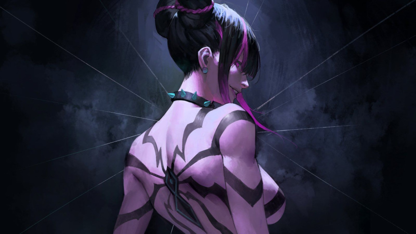 back_tattoo choker duplicate earrings hair_horns highres jewelry juri_han phamoz reversed single_earring smile spiked_choker spikes street_fighter tattoo