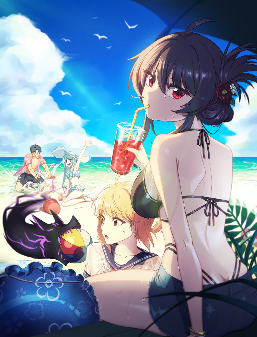 1boy 3girls absurdres back bare_shoulders beach bikini bikini_skirt black_bikini black_hair blonde_hair blue_sailor_collar blue_sky bracelet braid breasts brown_eyes character_request cloud creature cup day disposable_cup drinking_straw drinking_straw_in_mouth flower from_behind hair_between_eyes hair_flower hair_ornament halterneck haru_estia hat highres holding holding_cup iris_yuma jewelry jin_seipatsu large_breasts long_hair looking_at_viewer looking_back multiple_girls outdoors panty_straps penguin_say red_eyes red_flower sailor_collar sandals shirt short_hair shovel sitting sky soulworker sun_hat sweat swimsuit twin_braids very_long_hair wariza wet white_bikini white_shirt