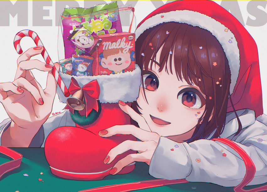 absurdres bell boots brown_hair candy candy_cane christmas female food hat highres looking_at_viewer merry_christmas original red_eyes red_footwear red_nails ritao_kamo santa_hat signature upper_body