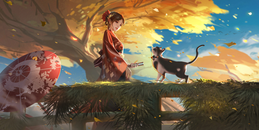 brown_eyes brown_hair day earrings feline female hair_ornament hand_fan highres holding holding_fan japanese_clothes jewelry kimono lips oil-paper_umbrella original outdoors parted_bangs short_hair solo tree umbrella wind yueyue