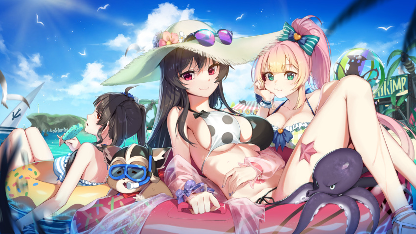 3girls :3 absurdres ahoge ball bare_legs bare_shoulders beachball bikini bird black_hair blonde_hair blue_sky blunt_bangs bow breasts chii_aruel closed_mouth cloud day eyewear_on_headwear flower food frilled_bikini frills gradient_hair green_bow green_eyes hairbow halterneck hat hat_flower highres holding holding_food innertube iris_yuma large_breasts lily_bloomerchen long_hair looking_at_viewer looking_back lying multicolored_hair multiple_girls nail_polish ocean octopus on_back outdoors parted_lips penguin_say pink_hair ponytail popsicle purple_nails red_eyes scrunchie see-through sky smile soulworker starfish string_bikini striped_bikini striped_bow striped_clothes sun_hat sunglasses swim_ring swimsuit two-tone_bikini water wet wrist_scrunchie