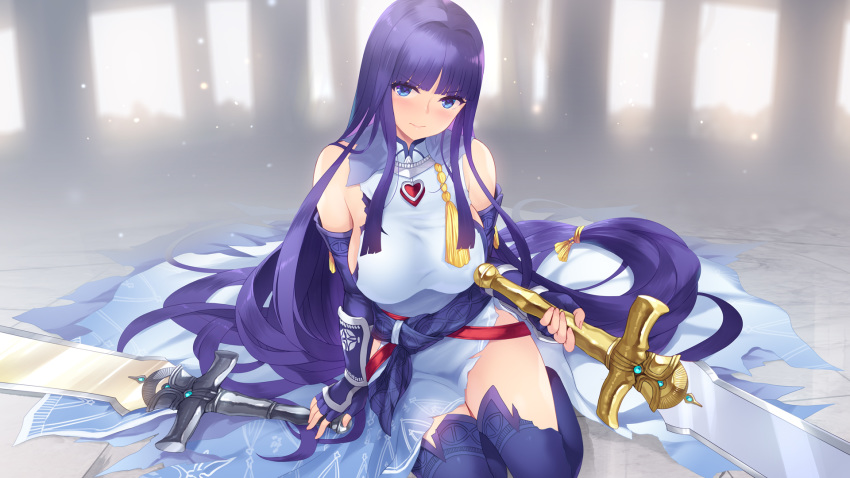 alondite altina_(fire_emblem) arm_guards blue_eyes breasts cait_aron closed_mouth commentary dress elbow_gloves female fingerless_gloves fire_emblem fire_emblem:_radiant_dawn fire_emblem_heroes gloves highres holding holding_sword holding_weapon large_breasts lips long_hair photoshop_(medium) purple_gloves purple_hair purple_thighhighs ragnell sitting sleeveless sleeveless_dress solo sword thighhighs torn_clothes very_long_hair weapon