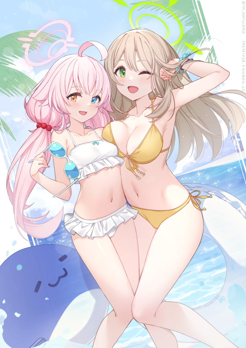 2girls bare_legs bikini blue_archive blue_eyes blue_jacket breasts brown_eyes commentary frilled_bikini frills front-tie_bikini_top front-tie_top green_eyes hair_ornament halo happy heterochromia highres hoshino_(blue_archive) hoshino_(swimsuit)_(blue_archive) innertube jacket large_breasts light_brown_hair long_hair low_twintails lying multiple_girls navel nonomi_(blue_archive) nonomi_(swimsuit)_(blue_archive) official_alternate_costume on_back one_eye_closed pink_hair sideboob small_breasts smile stomach swim_ring swimsuit tinted_eyewear twintails very_long_hair white_bikini yellowpaint.