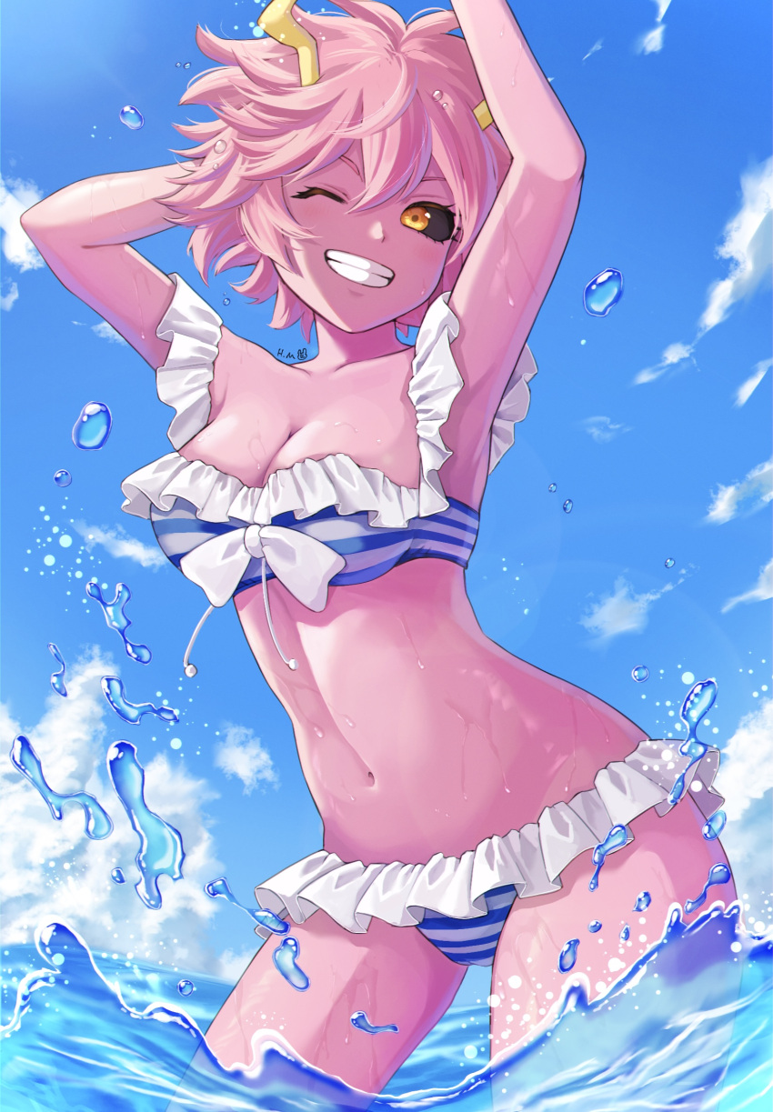 ashido_mina beach bikini black_sclera blue_sky boku_no_hero_academia breasts colored_sclera colored_skin female highres hm89509321 horns medium_breasts multicolored_hair navel one_eye_closed pink_hair pink_skin short_hair sky smile solo stomach streaked_hair striped_bikini striped_clothes swimsuit teeth water_drop yellow_eyes