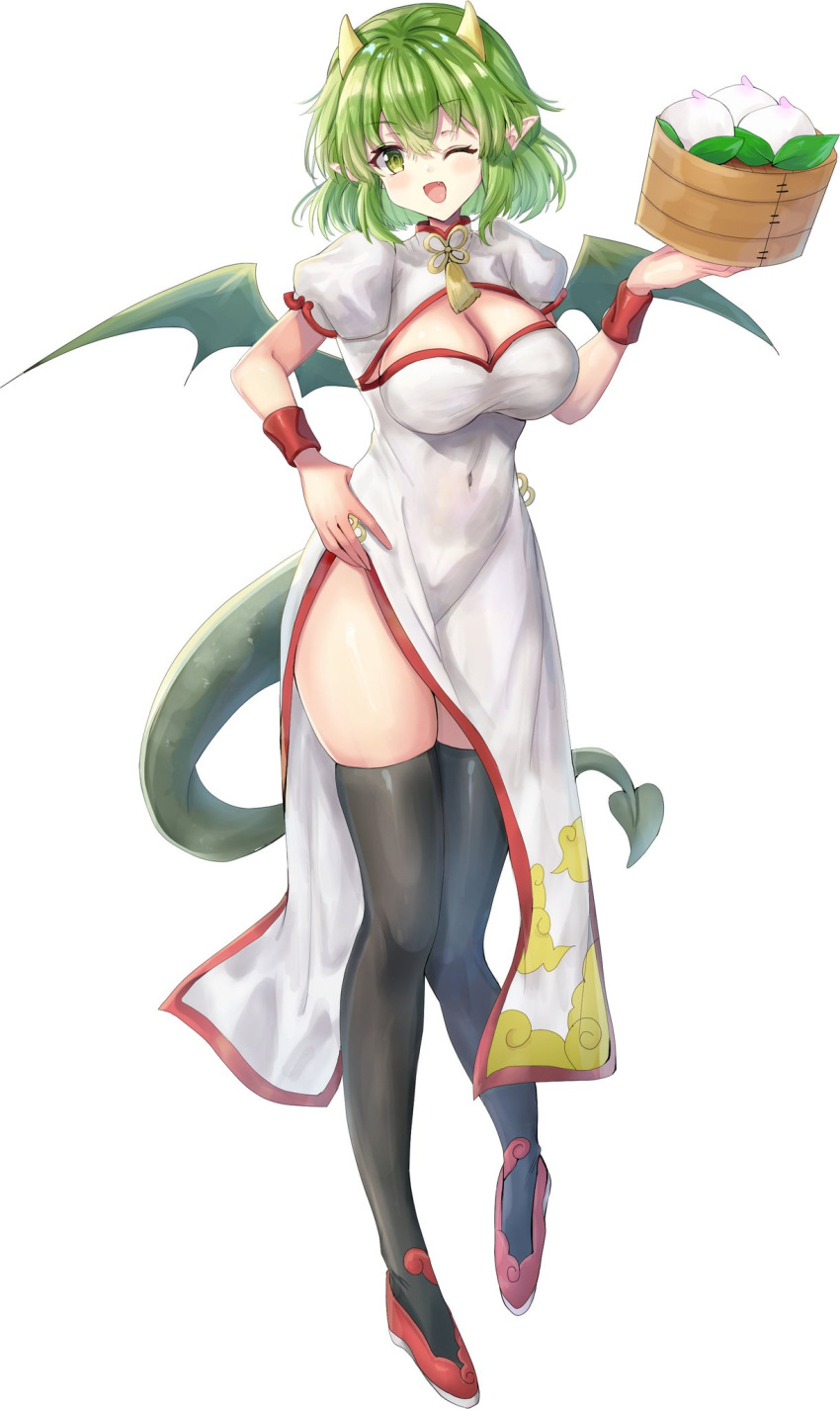 alternate_costume alternate_eye_color bad_id bad_pixiv_id black_thighhighs blush breasts china_dress chinese_clothes cleavage cleavage_cutout clothing_cutout covered_navel draco_centauros dragon_girl dragon_horns dragon_tail dragon_wings dress female green_eyes green_hair green_tail highres horns large_breasts looking_at_viewer oerba_yun_fang one_eye_closed open_mouth pointy_ears puyopuyo red_footwear short_hair short_sleeves smile solo tail thighhighs white_dress wings yui_(msy1302mana)