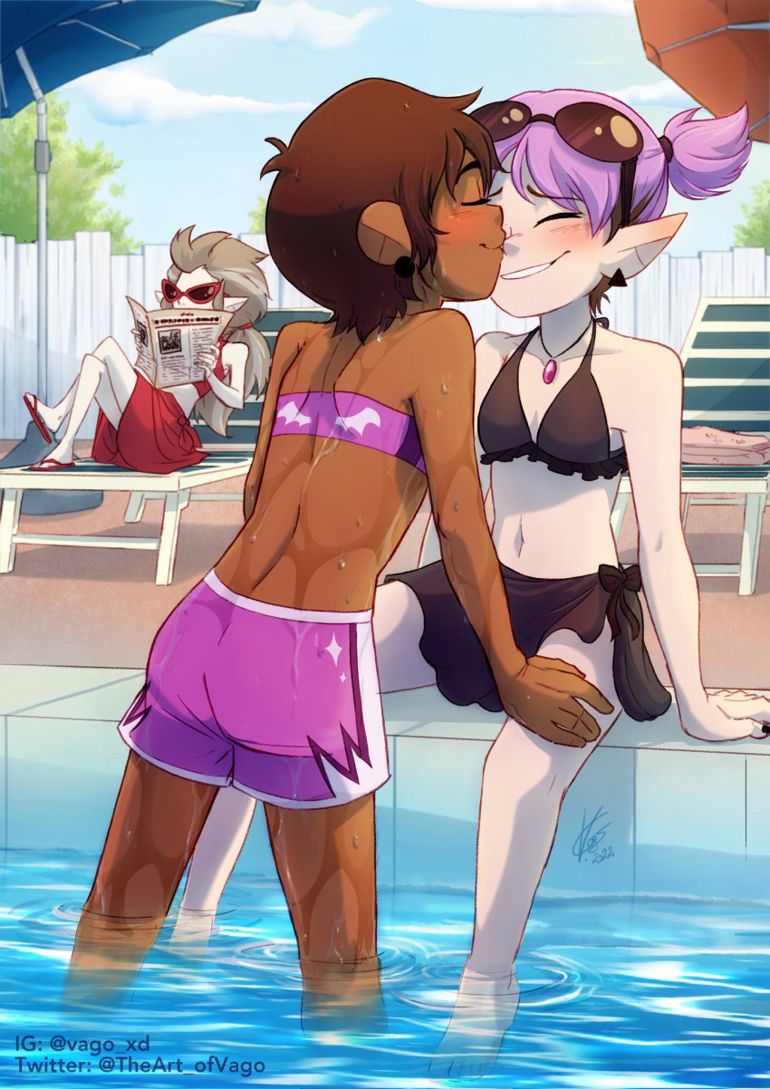 3girls amity_blight back bikini blue_sky blush brown_hair cloud dark-skinned_female dark_skin day edalyn_clawthorne happy highres holding holding_newspaper interracial jewelry kissing kissing_nose luz_noceda male_swimwear multiple_girls necklace newspaper outdoors pointy_ears pool purple_hair reading signature sky smile sunglasses swim_trunks swimsuit the_owl_house twitter_username umbrella vago white_hair yuri