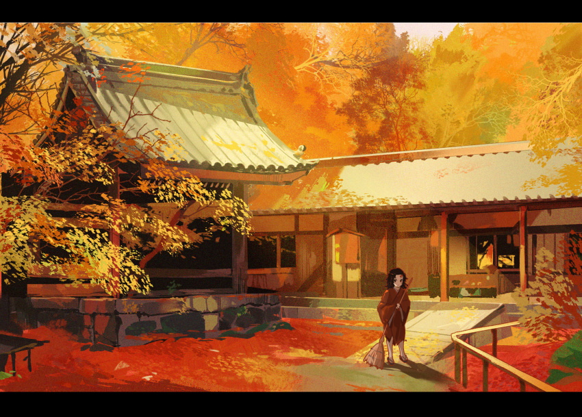 1boy architecture autumn_leaves black_hair broom building cleaning commentary dated_commentary day east_asian_architecture facial_mark garden highres holding holding_broom japanese_clothes kimetsu_no_yaiba kimono letterboxed lolicon long_sleeves male_focus medium_hair outdoors railing red_kimono sandals shadow solo standing torn_clothes tree tsugikuni_yoriichi wuya_(zhalv) zouri