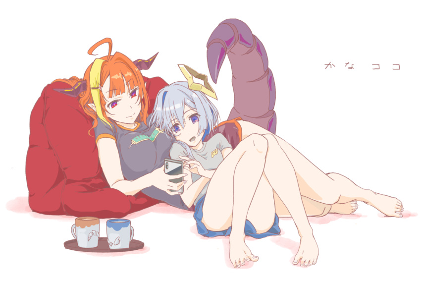 2girls ahoge alternate_costume amane_kanata angel asacoco bare_legs barefoot bean_bag_chair black_shirt blonde_hair blue_eyes blue_hair blunt_bangs breasts cellphone colored_inner_hair commentary_request cuddling cup dolphin_shorts doukyo's dragon_girl dragon_horns dragon_tail feet fingernails full_body grey_hair grey_shirt hair_between_eyes hair_ornament hairclip halo head_on_chest highres holding holding_phone hololive horns kiryu_coco long_hair looking_away lying lying_on_person mug multicolored_eyes multicolored_hair multiple_girls on_floor on_side orange_hair phone print_shirt purple_eyes red_eyes ringo_yadoku scales shirt short_hair short_shorts short_sleeves shorts simple_background smartphone streaked_hair tail translated virtual_youtuber white_background