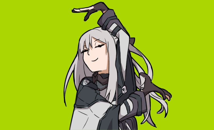 absurdres ak-12_(girls'_frontline) closed_eyes commentary_request easy_breezy eizouken_ni_wa_te_wo_dasu_na! female girls'_frontline gloves green_background grey_hair highres long_hair parody pose rlin smile solo