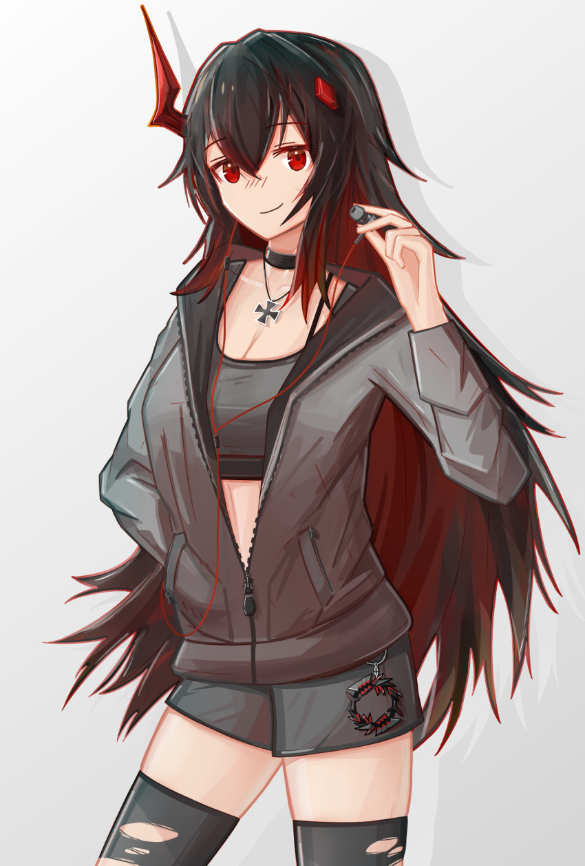 alternate_costume asymmetrical_horns azur_lane black_choker black_hair black_thighhighs choker cross earphones female gradient_hair grey_background grey_jacket grey_sports_bra hair_between_eyes hand_in_pocket highres horns iron_cross jacket light_smile long_hair looking_at_viewer magdeburg_(azur_lane) mechanical_horns multicolored_hair partially_unzipped red_eyes red_hair red_horns simple_background solo sports_bra standing thighhighs torn_clothes torn_thighhighs very_long_hair zoink