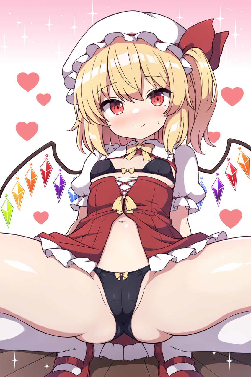 black_bra black_panties blonde_hair bra cameltoe closed_mouth collared_shirt crystal female flandre_scarlet hair_between_eyes hat heart highres long_hair mob_cap navel one_side_up panties red_eyes red_footwear rizento shirt shoes short_sleeves socks solo spread_legs squatting touhou underwear white_hat white_shirt white_socks wings