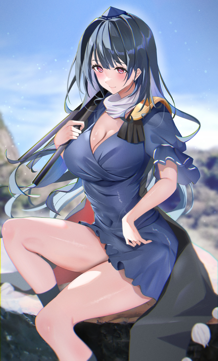 258n absurdres adapted_costume armor blue_hair blurry breasts chromatic_aberration cleavage dark_blue_hair day depth_of_field dress female foot_out_of_frame hat highres holding holding_tripod iizunamaru_megumu large_breasts legs light_smile long_hair outdoors pauldrons pink_eyes pom_pom_(clothes) scarf short_dress shoulder_armor single_pauldron sitting sky solo tokin_hat touhou tripod very_long_hair