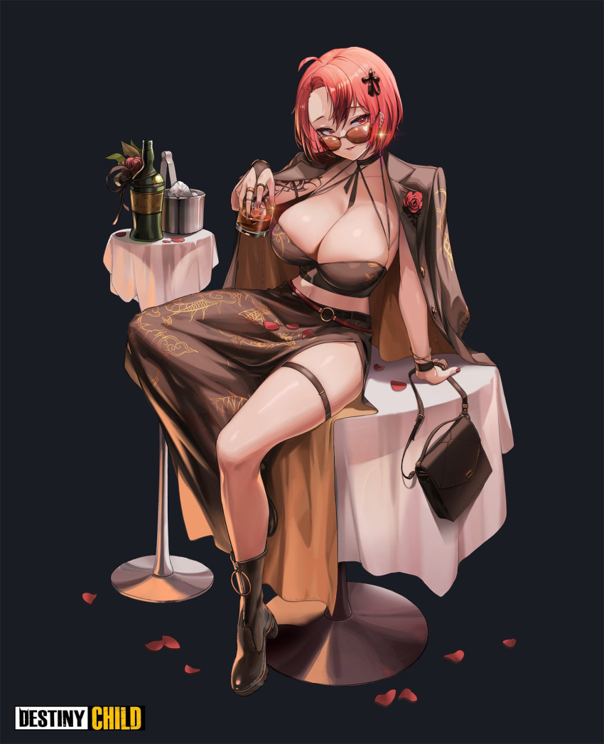 alcohol breasts cleavage destiny_child ear_piercing earrings female highres jacket jacket_on_shoulders jewelry looking_at_viewer looking_over_eyewear piercing ragaraja_(destiny_child) red_eyes short_hair solo starcat sunglasses thighs