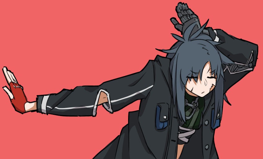 absurdres angelia_(girls'_frontline) bandaid bandaid_on_face blue_hair closed_eyes commentary_request easy_breezy eizouken_ni_wa_te_wo_dasu_na! eyes_visible_through_hair female fingerless_gloves girls'_frontline gloves highres long_coat parody pose prosthesis prosthetic_arm rlin scar scar_on_cheek scar_on_face solo