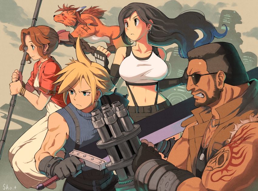 2girls 3boys absurdres aerith_gainsborough arm_cannon arm_tattoo barret_wallace beard biceps black_hair blonde_hair bo_staff buster_sword clenched_teeth cloud_strife crop_top cropped_jacket dog_tags dress elbow_gloves facial_hair final_fantasy final_fantasy_vii final_fantasy_vii_remake fingerless_gloves gatling_gun gloves highres jacket multiple_boys multiple_girls red_hair red_jacket red_xiii serious sho.t staff stomach sunglasses suspenders sword tank_top tattoo teeth tifa_lockhart torn_clothes torn_sleeves weapon