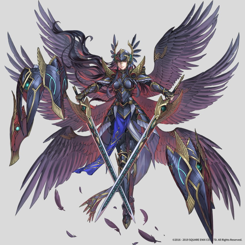 armor black_gloves black_hair closed_mouth dual_wielding feathered_wings feathers female fingerless_gloves floating floating_object full_body gloves greaves helmet highres holding holding_sword holding_weapon hrist_valkyrie long_hair multiple_wings nishiki_areku pauldrons purple_feathers purple_wings red_eyes shield shoulder_armor smile solo sword valkyrie_anatomia valkyrie_profile_(series) vambraces very_long_hair weapon wings