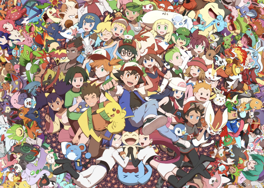 6+boys 6+girls :d ;d ahoge alolan_vulpix alternate_color ambipom arm_up arms_up ash-greninja azurill bayleef beanie belt belt_buckle bewear black_footwear black_gloves black_hair black_pants black_shirt blaziken blonde_hair blue_eyes blue_hair blue_ribbon bonnie_(pokemon) boots bow bowtie braid brock_(pokemon) brown_eyes brown_pants buckle buneary bunnelby chansey charmander chespin cilan_(pokemon) cinderace clemont_(pokemon) closed_mouth coat commentary_request corphish corsola croagunk daisy_(pokemon) dark-skinned_female dark-skinned_male dark_skin dawn_(pokemon) dedenne ditto donphan dragonite dress duplica_(pokemon) earrings eevee elbow_gloves emolga everyone eyelashes fingerless_gloves flower forretress gible glaceon glalie glasses gloom_(pokemon) gloves goh_(pokemon) golduck goodra green_bow green_bowtie green_eyes green_gloves green_hair green_shirt green_vest greninja grey_overalls grey_shirt grin gyarados hair_flower hair_ornament hairband hand_on_headwear hand_up happy hat hawlucha haxorus headband heracross highres holding holding_clothes holding_hands holding_hat holding_phone holding_sketchbook hypno incineroar infernape iris_(pokemon) jacket james_(pokemon) jessie_(pokemon) jewelry kasumi_(pokemon) kiawe_(pokemon) krookodile lana_(pokemon) lapras larvitar leavanny leggings lillie_(pokemon) lily_(pokemon) long_hair looking_at_viewer luvdisc luxray lycanroc mallow_(pokemon) mamoswine mareanie marill marshtomp max_(pokemon) may_(pokemon) meowth multiple_boys multiple_girls munchlax neck_ribbon necklace noctowl noivern odd_(hin_yari) on_head one_eye_closed open_clothes open_coat open_jacket open_mouth open_vest orange_hair oshawott overalls pachirisu palpitoad pancham pansage pants paras phone pignite pikachu pink_skirt pinsir piplup pokemon pokemon_(anime) pokemon_(classic_anime) pokemon_(creature) pokemon_bw_(anime) pokemon_dppt_(anime) pokemon_journeys pokemon_on_head pokemon_rse_(anime) pokemon_sm_(anime) pokemon_xy_(anime) politoed primarina primeape purple_hair quilava raichu ralts red_shirt ribbon rotom rotom_dex rotom_phone rowlet samuel_oak satoshi_(pokemon) scarf sceptile scraggy serena_(pokemon) shiny_pokemon shirt shoe_soles shoes short_hair sketchbook skirt skitty slowbro smile sneakers snivy snorlax sophocles_(pokemon) staraptor starmie stunfisk sudowoodo sun_hat swellow swept_bangs sylveon t-shirt talonflame team_rocket teeth thigh_boots togedemaru togetic tongue torkoal torterra totodile tracey_sketchit tsareena turtonator twin_braids twintails two_side_up unfezant upper_teeth_only venusaur vest vileplume violet_(pokemon) wartortle white_coat white_dress white_headwear white_jacket white_leggings white_pants white_shirt white_skirt wigglytuff wobbuffet yamask yanma yellow_hairband yellow_shirt zygarde zygarde_core