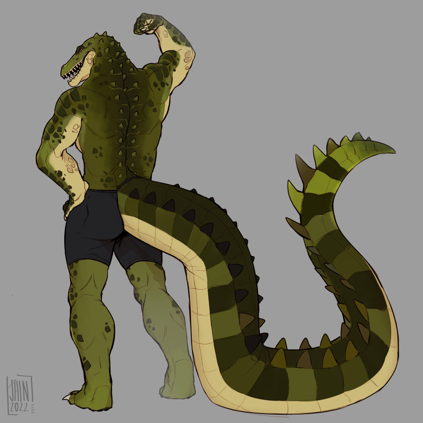 absurd_res anthro ass bottomwear clothed clothing crocodile crocodilian cryptid_jhin flexing green_body green_scales hi_res looking_back male muscular muscular_anthro muscular_male open_mouth reptile scales scalie solo teeth topless topless_male underwear yellow_eyes