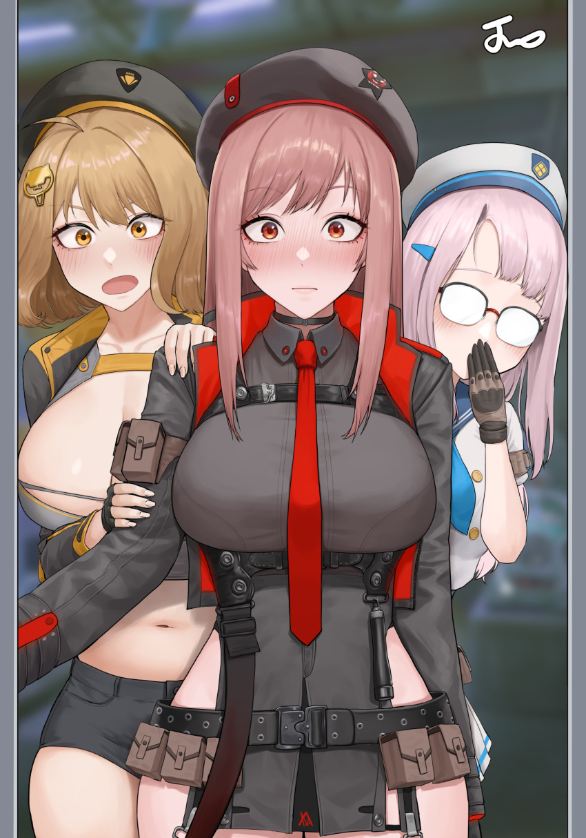 ahoge anis_(nikke) arm_pouch belt_pouch beret black_gloves black_jacket black_thighhighs blush breasts brown_eyes brown_hair cleavage collarbone collared_leotard commentary counters_(nikke) cropped_jacket glasses gloves goddess_of_victory:_nikke grey_hair hair_ornament hat highres jacket large_breasts long_hair long_sleeves looking_at_viewer multiple_girls navel necktie neon_(nikke) noorung open_mouth pouch rapi_(nikke) red_eyes red_necktie short_hair thighhighs thighs two-tone_gloves