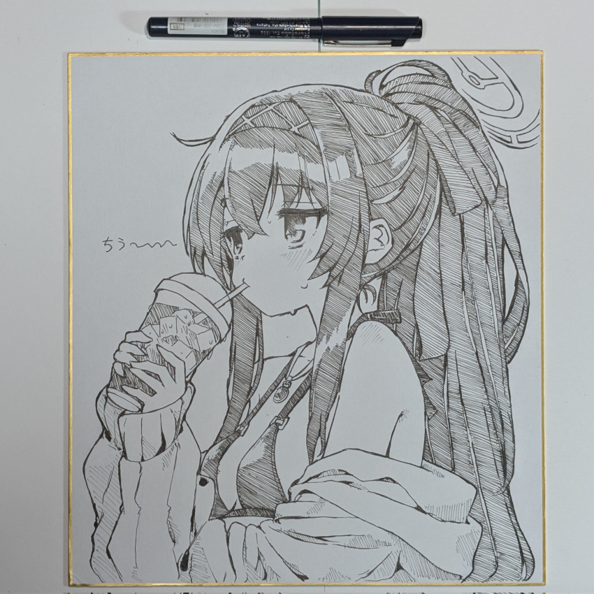 ahoge art_tools_in_frame bare_shoulders bikini blue_archive cardigan cup drink drinking_straw drinking_straw_in_mouth from_side hairband halo halterneck highres holding holding_cup ice ice_cube ink_(medium) jewelry line_art long_hair long_sleeves looking_afar makura_ken monochrome necklace open_cardigan open_clothes ponytail sidelocks solo sweat sweater swimsuit traditional_media ui_(blue_archive) upper_body