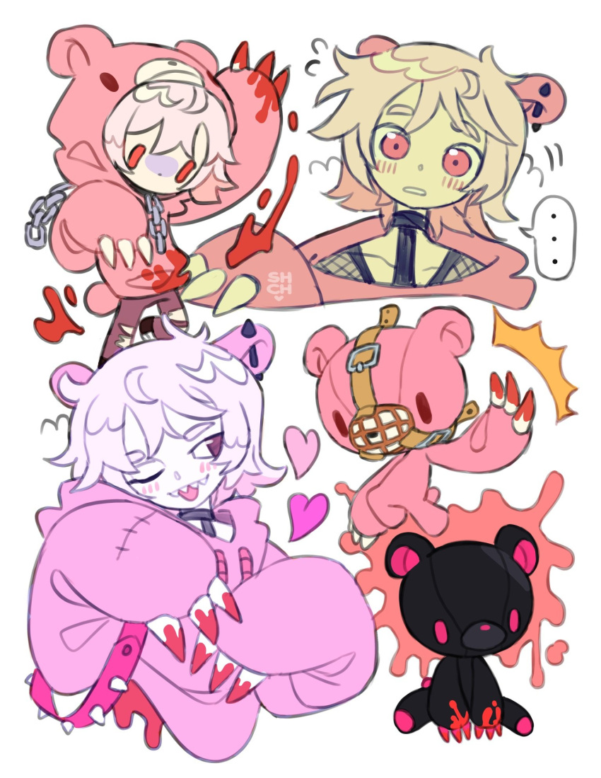 ... 1boy animal_ears animal_hood bear bear_boy bear_ears bishounen blood blush brown_eyes chains chibi chibi_inset claws creature_and_personification gloomy_bear highres hood hood_down hood_up hoodie itazuraguma_no_gloomy looking_at_viewer male_focus multiple_views muzzle_(mask) official_alternate_color one_eye_closed personification pink_hoodie red_eyes sentient_stuffed_toy sharp_teeth sharpycharot short_hair simple_background sleeves_past_fingers sleeves_past_wrists stuffed_animal stuffed_toy teddy_bear teeth tongue tongue_out white_background white_hair